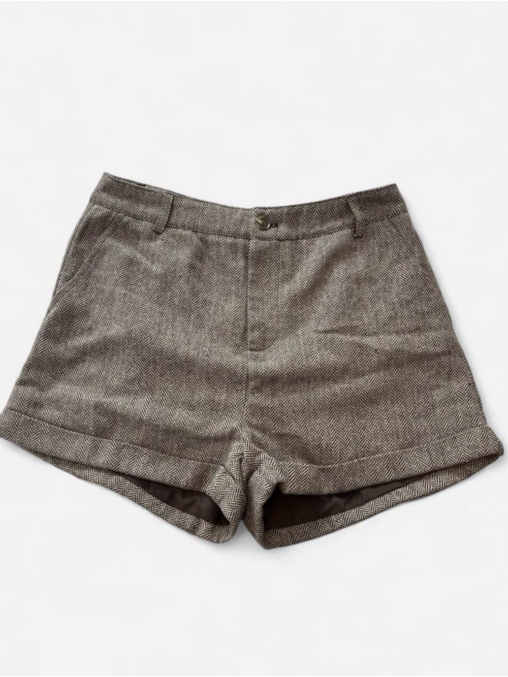 Cider Brown High Waist Herringbone Wool Blend Cuffed Shorts Size Medium